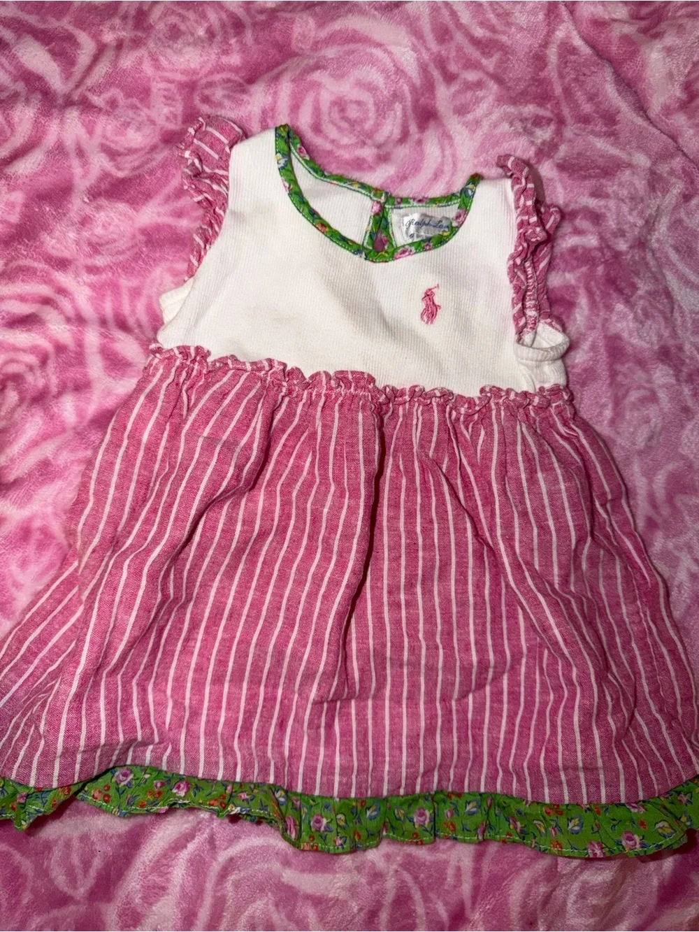 Ralph Lauren Pink & White Striped Baby Dress with Green Trim 6 month